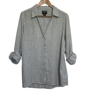 JNY 100% Linen Striped Boho Chic Button Down Blouse - 1X - White, Black